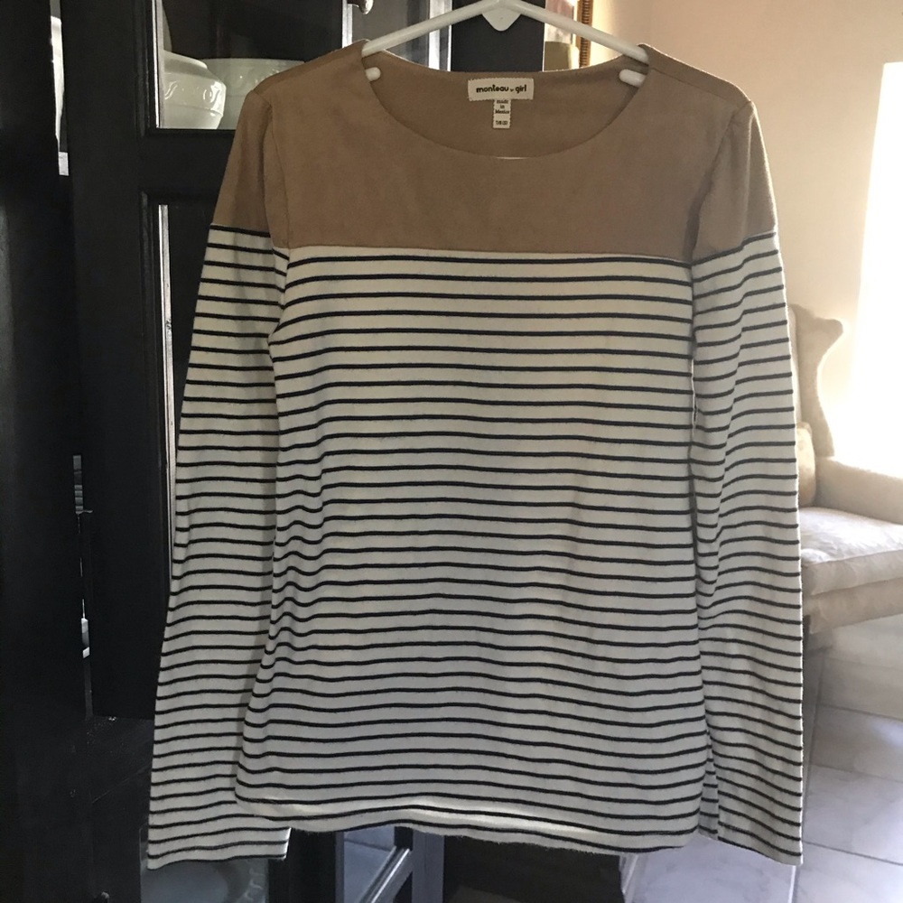 Monteau Girl Stripped Shirt with Suede Detail